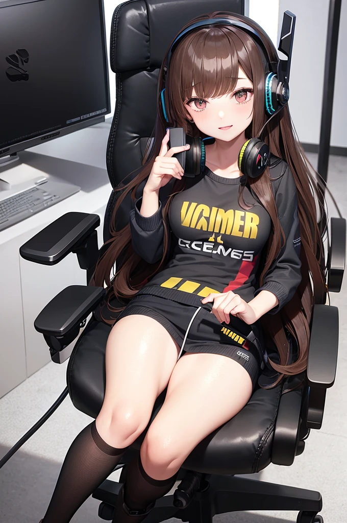 long curly brown hair, brown eyes, sitting at desk, gamer headset, gamer chair, gamer phone, pale skin, thick girl