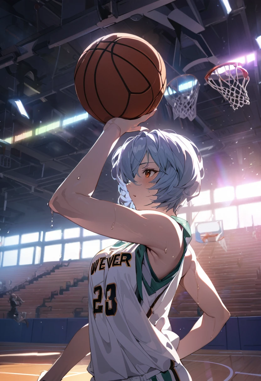 (Mastepiece, best quality, absurdres), close up shot, 1girl, ayanami rei, light blue hair, short hair, mature female, holding a basketball in hand, wearing a basketball jersey, basketball court, looking at wiewer, sweating, 8k intricate illustration, dynamic pose, cinematic lighting, volumetric lighting, vibrant colors, ray tracing, intricate details,