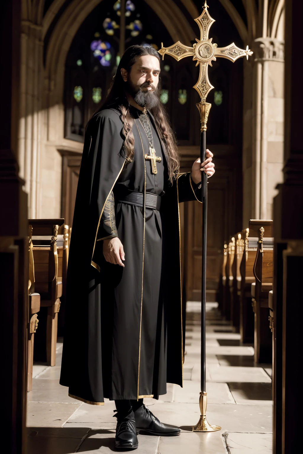 ((melhor qualidade)), ((Obra de arte)), (detalhado), (realista), a ventrue vampire lord, male, long hair, full beard, full body, from head to toe, in the dark ages, looking 36 years old, no glasses, holding a golden long staff with a cross and ornaments at the tip, with black priest's vestments. Behind the priest a gothic, medieval church from the dark ages.