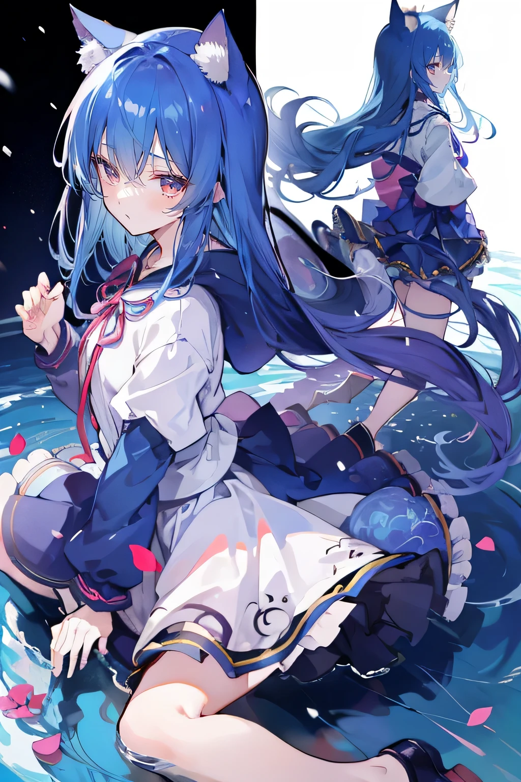 (masterpiece:1.2),Super detailed,lifelike,Expressive eyes,fair skin,perfect face shape,1 girl,
Japanese comics,Gorgeous blue hair,flowing blue hair,flowing clothes,Cat ears,Petals fall,beautiful lola,Baby Angel,
Shaking head with one hand,Cross your legs,Gentle and peaceful background,The pavilion is cool and comfortable,smile, wearing hoodie, background of tokyo,back views,snowing, winter,lie on the water.