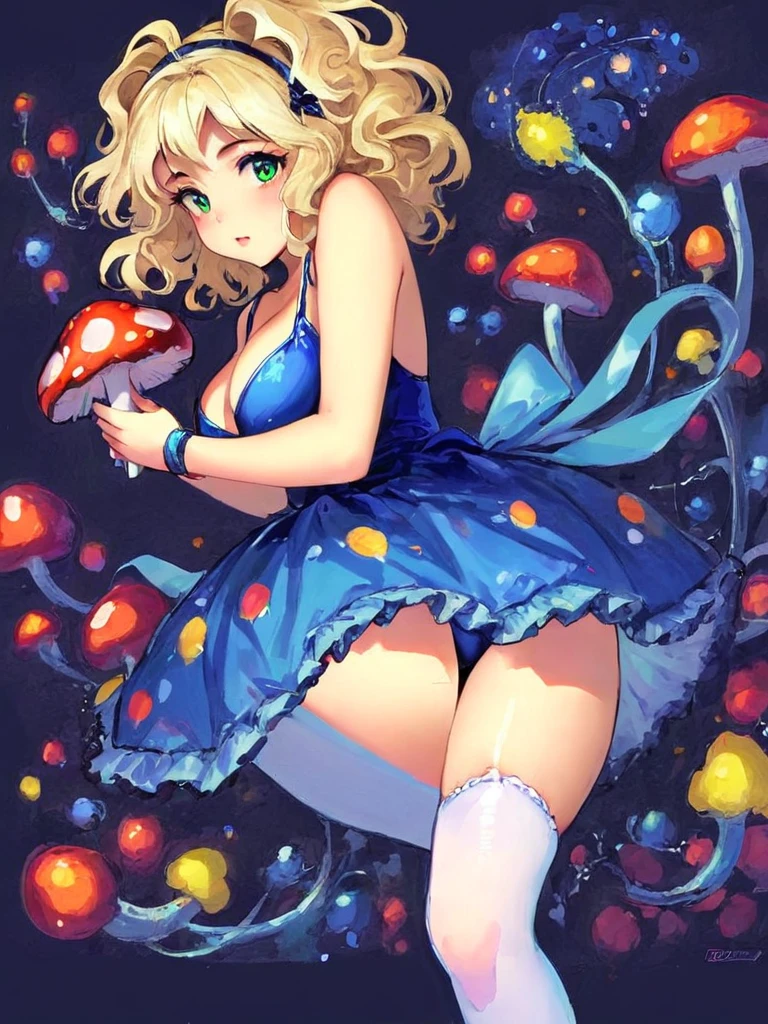 a beautiful 20 year old blonde woman with big messy hair in a blue dress, white stockings, black headband, cleavage, holding a glowing mushroom, fantasy art style, rossdraws cartoon vibrant, alice in wonderland cyberpunk, cute detailed digital art, colorfull digital fantasy art, digital fantasy art ), glossy digital painting, rossdraws pastel vibrant, rossdraws 2. 5, rossdraws 1. 0