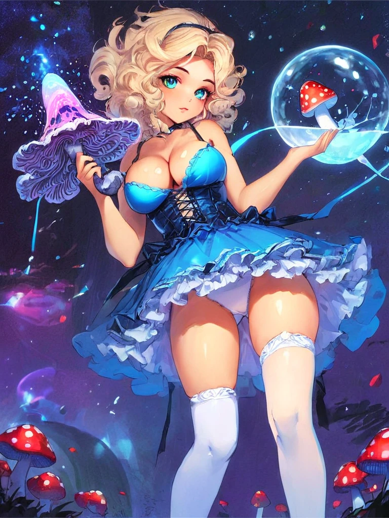 a beautiful 20 year old blonde woman with big messy hair in a blue dress, white stockings, black headband, cleavage, holding a glowing mushroom, fantasy art style, rossdraws cartoon vibrant, alice in wonderland cyberpunk, cute detailed digital art, colorfull digital fantasy art, digital fantasy art ), glossy digital painting, rossdraws pastel vibrant, rossdraws 2. 5, rossdraws 1. 0