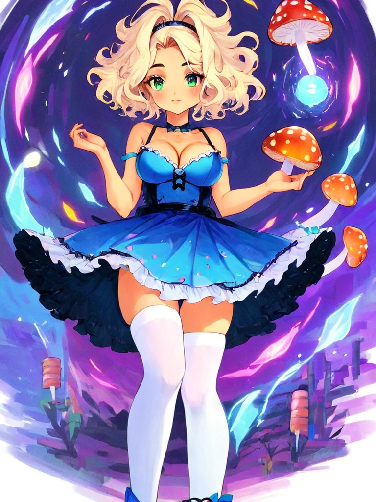 a beautiful 20 year old blonde woman with big messy hair in a blue dress, white stockings, black headband, cleavage, holding a glowing mushroom, fantasy art style, rossdraws cartoon vibrant, alice in wonderland cyberpunk, cute detailed digital art, colorfull digital fantasy art, digital fantasy art ), glossy digital painting, rossdraws pastel vibrant, rossdraws 2. 5, rossdraws 1. 0