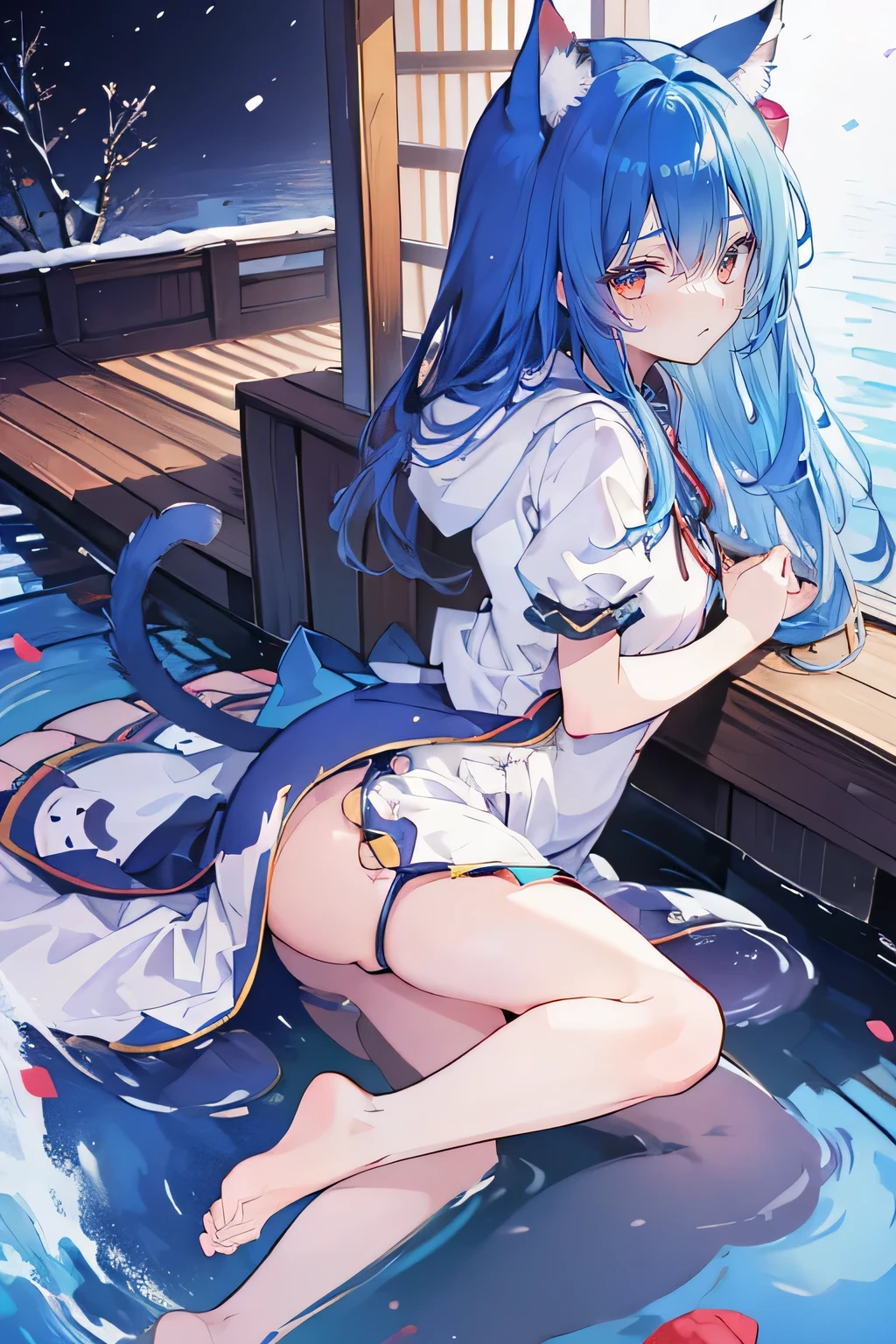 （masterpiece：1.2），Super detailed，lifelike，Expressive eyes，fair skin，perfect face shape，1 girl，
Japanese comics,Gorgeous blue hair,flowing blue hair,flowing clothes,Cat ears,Petals fall,beautiful lola,Baby Angel,
Shaking head with one hand，Cross your legs，Gentle and peaceful background，The pavilion is cool and comfortable,smile, wearing hoodie, background of tokyo,back views,snowing, winter,lie on the water.