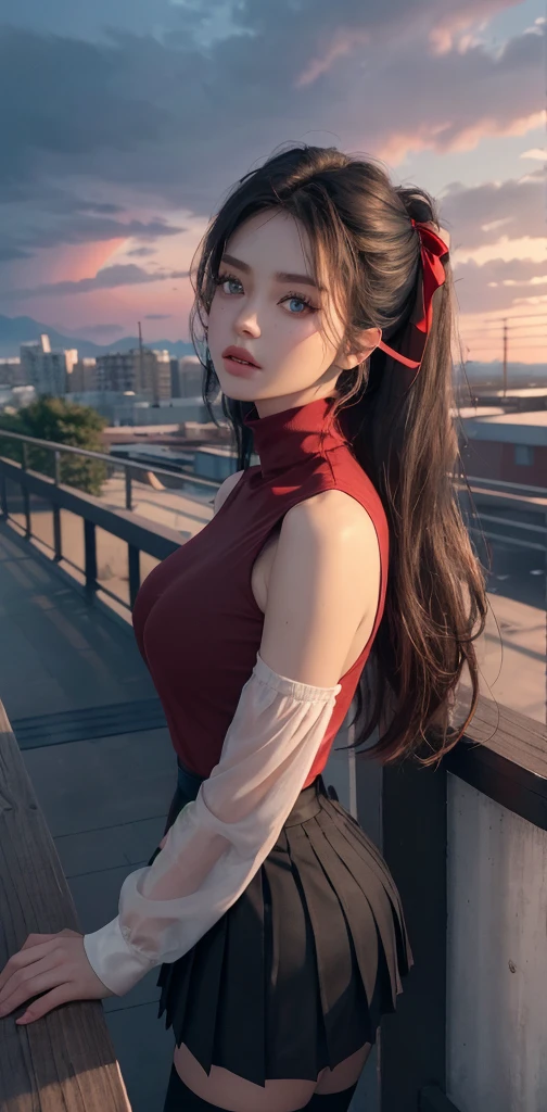 Candid Shot At Girl Picture, Volumetric Lighting, Best Shadows, Shallow Depth of Field, Portrait Of Stunningly Beautiful Girl, Delicate Beautiful Attractive Face With Alluring Sharp Blue Eyes, Sharp Eyebrows, Enjoying The Scenery, Closed Mouth, Lovely Medium Breasts, Layered Long Black Two-Side Up Hair, Windswept Hair, Hair Ribbon, Blush Eyeshadow, Thick Eyelashes, Cross On The Red Turtleneck Shirt, Long Sleeve, Slim Waist, Black Short Pleated Skirt, Thigh Gap, Black Thigh-High Stockings, Red Sky At Night, Clouds, School Rooftop, Under Red Moon, Rooftop Guardrails, Villagescape, Facing Away, Side View of Leaning On Railing, Shoulder Blades, (Highest Quality, Amazing Details:1.25), (Solo:1.3), Brilliant Colorful Paintings