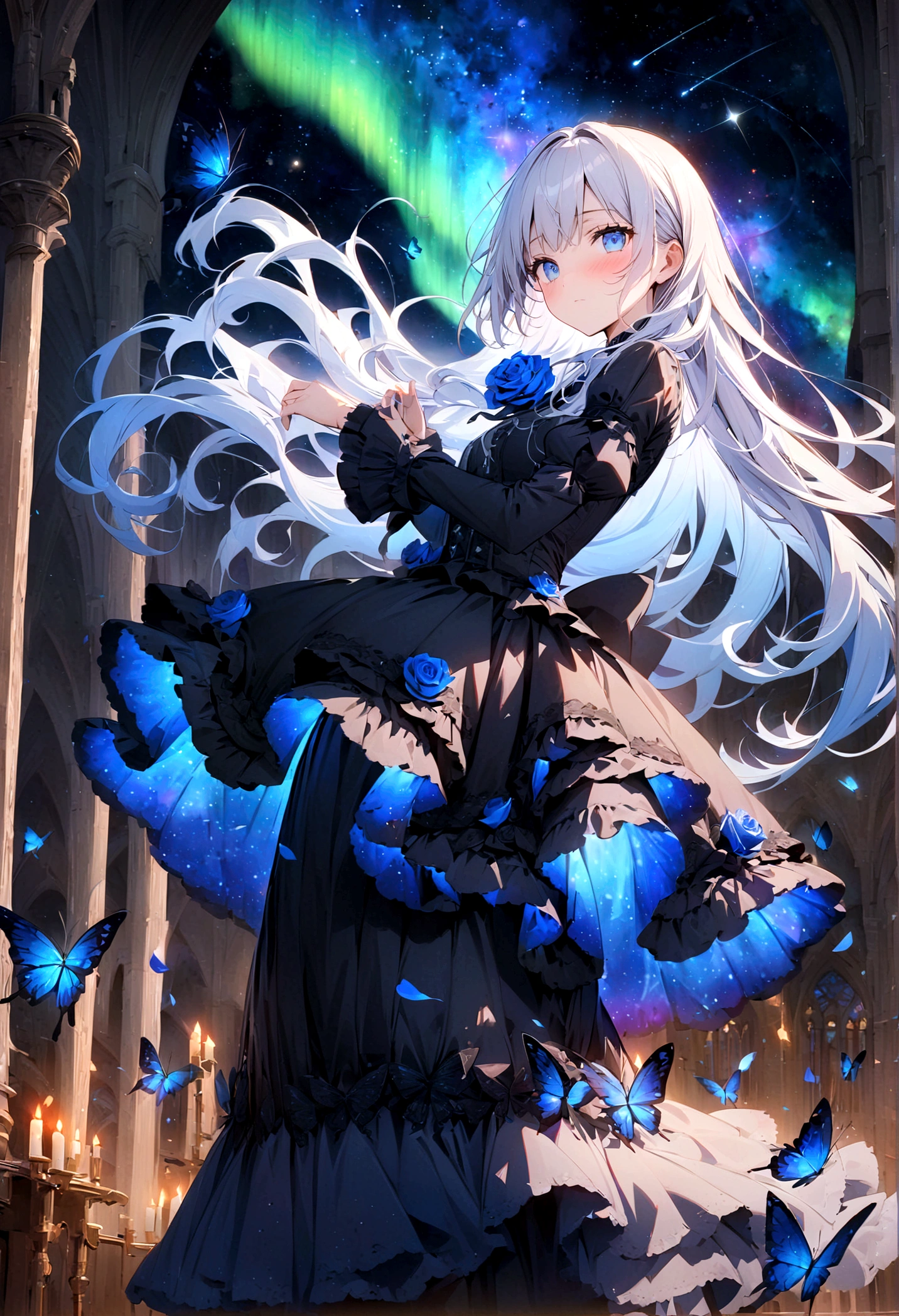 ((masterpiece:1.4)), (best quality), (ultra-detailed), anime style, 1girl, white hair,blue eyes, long hair, (gothic lolita), musical note, shooting star, space, galaxy, aurora, seven-colored light, (blue rose:1.2), butterfly, constellation, girl riding on a crescent moon, nebula, blue rose petals, stained glass, entire field of stained glass flowers, night, blushing, blush, clear face,expressionless,reflection, planetarium, flowing hair, church, candelabra, dancing patterns.