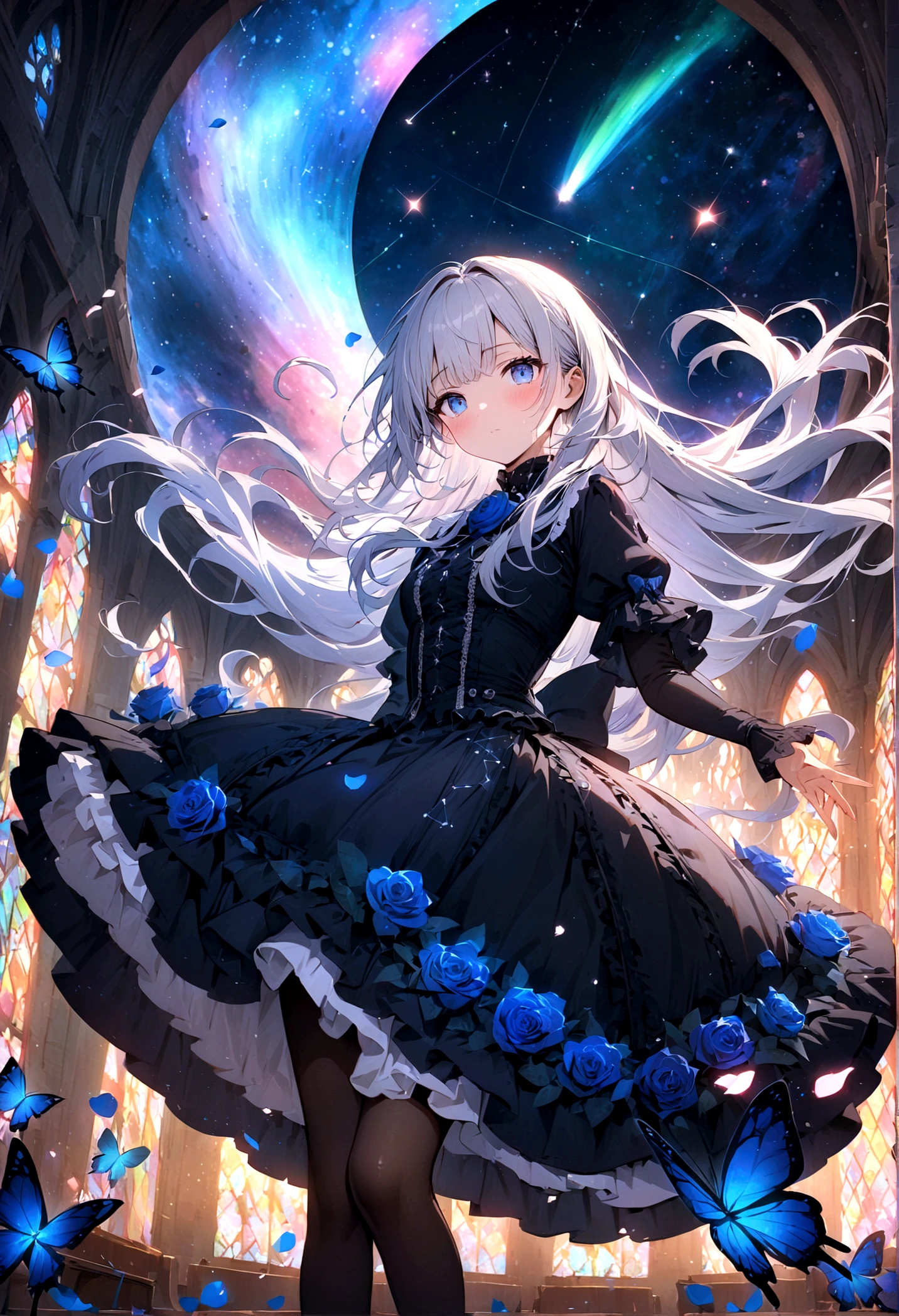 ((masterpiece:1.4)), (best quality), (ultra-detailed), anime style, 1girl, white hair,blue eyes, long hair, (gothic ta), musical note, shooting star, space, galaxy, aurora, seven-colored light, (blue rose:1.2), butterfly, constellation, girl riding on a crescent moon, nebula, blue rose petals, stained glass, entire field of stained glass flowers, night, blushing, blush, clear face,expressionless,reflection, planetarium, flowing hair, church, candelabra, dancing patterns.