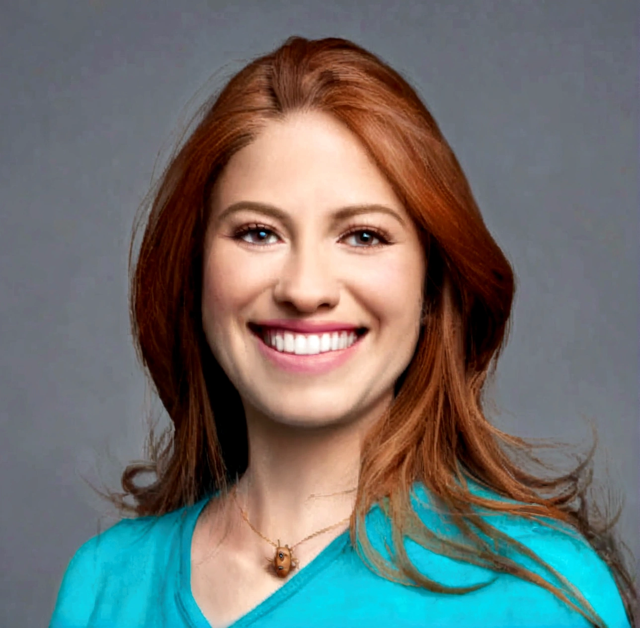 disney, cartoon, smiling, thin woman, ginger hair and eyes, blue t-shirt