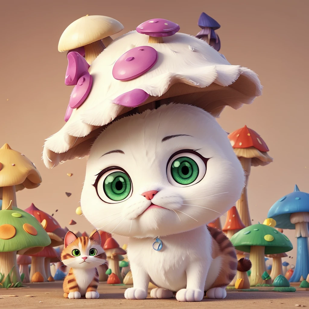 fungus-like cat: a 3-coloured kitten blended with neon yellow toxic mushroom shape, but retains cat features appearance. a big neon-yellow toxic mushroom covers it's head like a mushroom-hat. cat ears above on it's neon-yellow coloured mushroom-hat. the cat's body and legs are toxic mushoom-like, fat and round. white coloured fur on its chest. eyes are cute, naive, full of curiosity and mysterious emerald eyes.