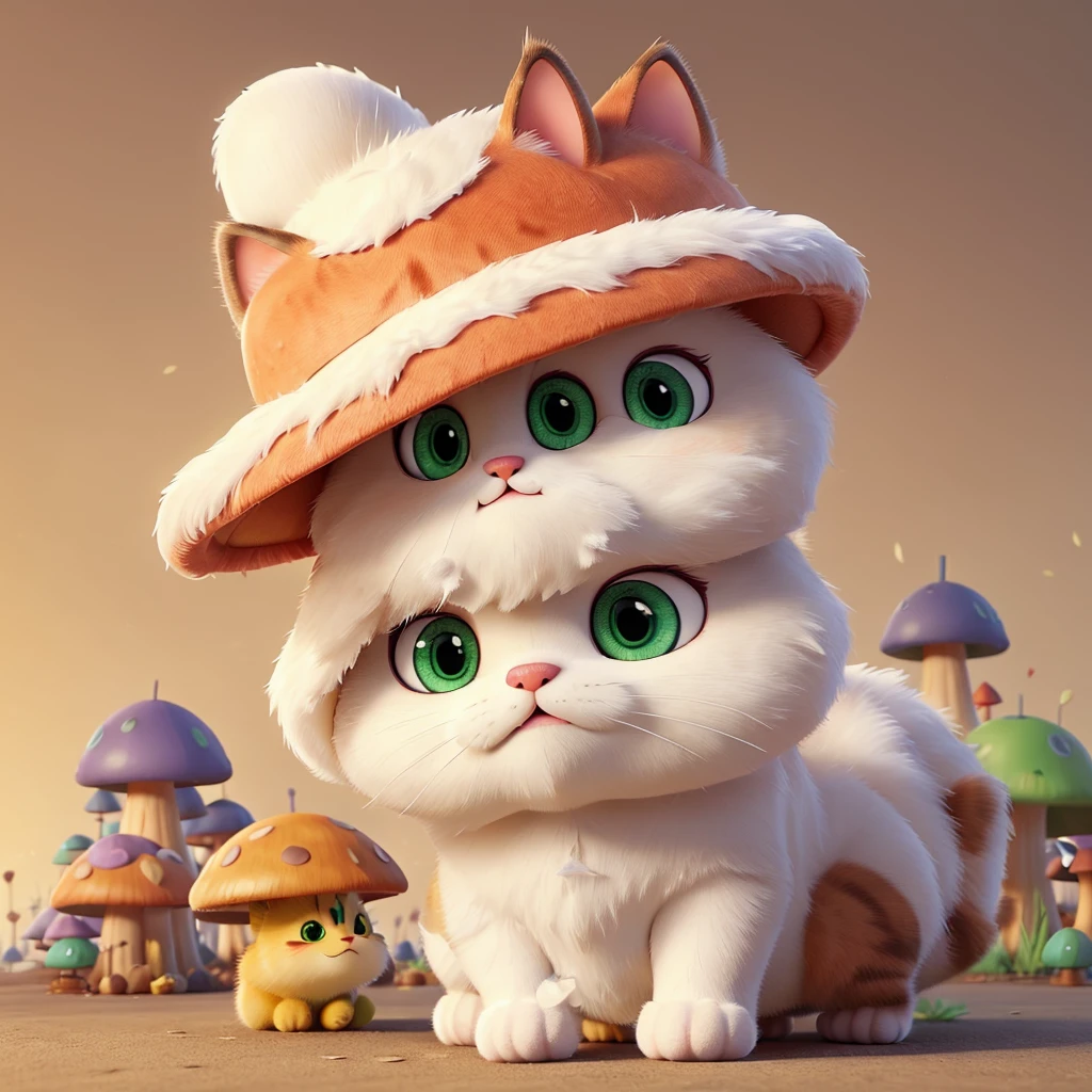 fungus-like cat: a 3-coloured kitten blended with neon yellow toxic mushroom shape, but retains cat features appearance. a big neon-yellow toxic mushroom covers it's head like a mushroom-hat. cat ears above on it's neon-yellow coloured mushroom-hat. the cat's body and legs are toxic mushoom-like, fat and round. white coloured fur on its chest. eyes are cute, naive, full of curiosity and mysterious emerald eyes.
