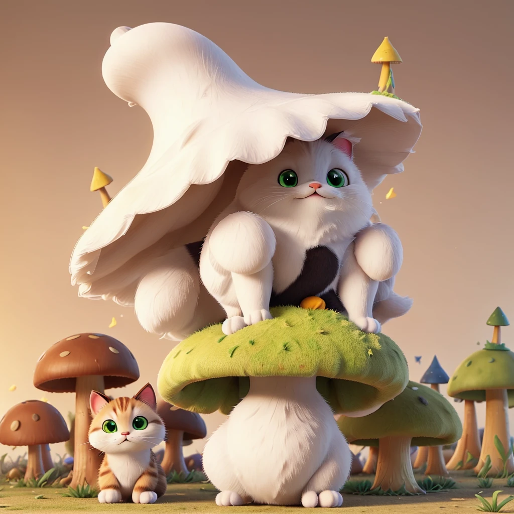 fungus-like cat: a 3-coloured kitten blended with neon yellow toxic mushroom shape, but retains cat features appearance. a big neon-yellow toxic mushroom covers it's head like a mushroom-hat. cat ears above on it's neon-yellow coloured mushroom-hat. the cat's body and legs are toxic mushoom-like, fat and round. white coloured fur on its chest. eyes are cute, naive, full of curiosity and mysterious emerald eyes.