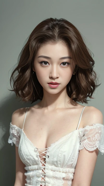 ((top-quality、、​masterpiece:1.3))、sharp focus:1.2、Beautiful woman with perfect body:1.4、Slim abdomen:1.2、((Layered Haircut、small tits:1.2))、 (Short sleeve lace dress:1.1)、(white backgrounid:1.2)、Highly detailed facial and skin texture、 detailed eye、double eyelid、skin tanned、A sexy、exposed shoulder、Small cleavage、Model body type、light brown hair、Curly hair