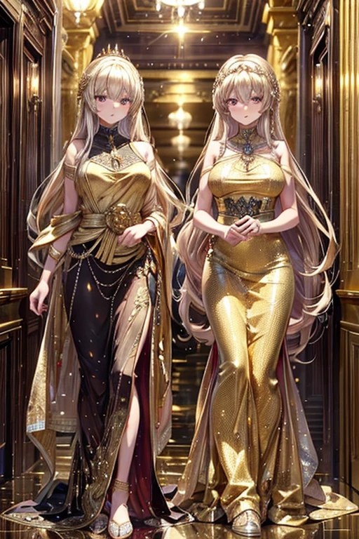 Masterpiece,Highest quality,(Detailed facial expressions),Two women in dresses standing side by side in a hallway, シルキーcovered in gold, Golden Dress, covered in gold, Gold Silk, Elegant evening dresses!, Aodai, Elegant gold body, シルキーパープルとcovered in gold, In Ram Man style, Golden Goddess, Golden Robe, Wearing a long gown, Golden Clothes, Golden hues appear naturally