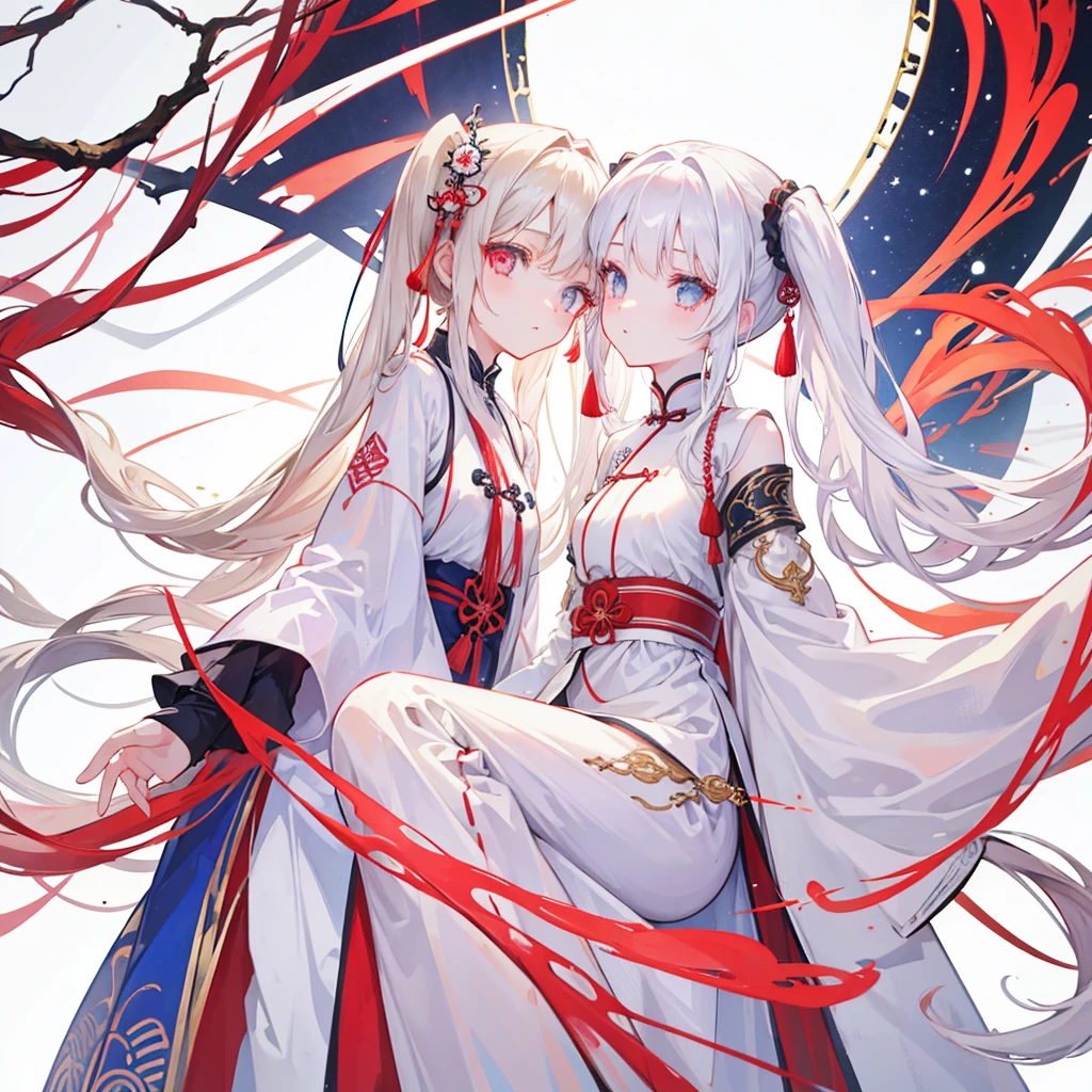 Two girls, red eyes and beige hair, blue eyes and white hair, twintails, long hair, white background, Chinese clothes, high quality