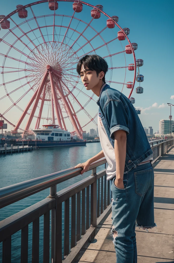 arafed man standing on a ledge with a ferris wheel in the background, hyung tae, jinyoung shin, album art, cai xukun, profile picture 1024px, kim doyoung, hong june hyung, yanjun chengt, bladee from drain gang, male ulzzang, xintong chen, taken with canon eos 5 d mark iv