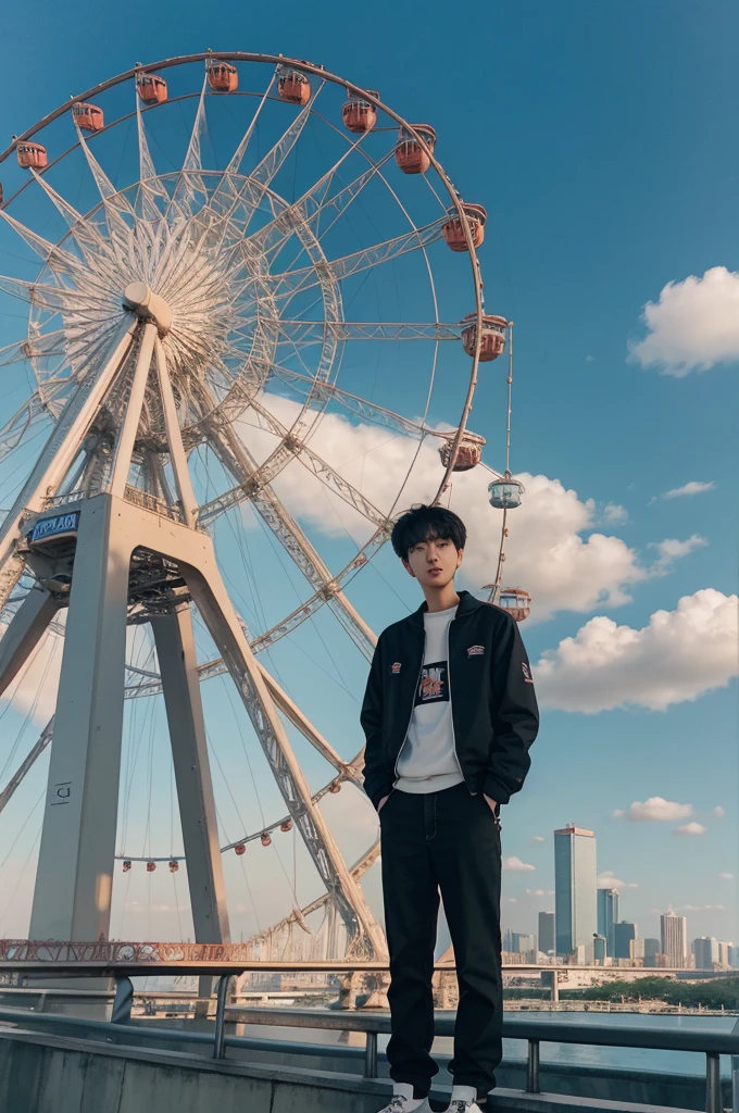 arafed man standing on a ledge with a ferris wheel in the background, hyung tae, jinyoung shin, album art, cai xukun, profile picture 1024px, kim doyoung, hong june hyung, yanjun chengt, bladee from drain gang, male ulzzang, xintong chen, taken with canon eos 5 d mark iv