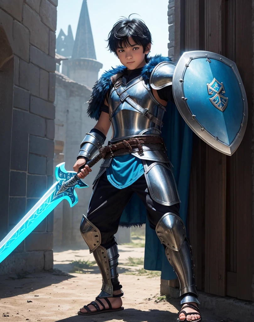 Young -yeld boith black hair and brown eyes, innocent and happy, dressed in short neon-blue medieval barbarian clothes, fur shorts, light-blue battle armor, weilding silver sword and shield, sandals; fullbody; short hair, boyish athletic, sexy,