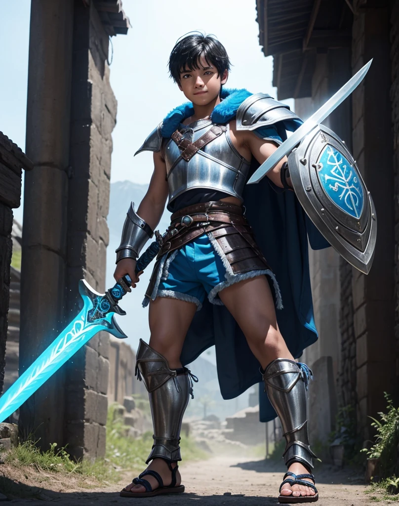 Young 13-year-old boy with black hair and brown eyes, innocent and happy, dressed in short neon-blue medieval barbarian clothes, fur shorts, light-blue battle armor, weilding silver sword and shield, sandals; fullbody; short hair, boyish athletic, sexy,