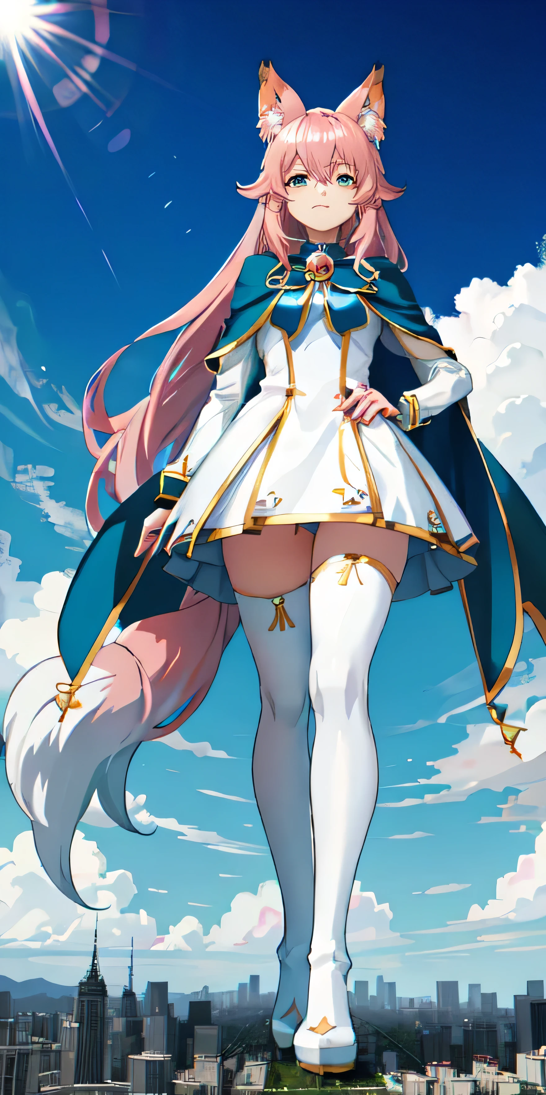 Anime characters with blue cape and pink hair, anime girl, single,lively, humanoid pink long hair, fox girl, fox ears, putika pose, white dress, white stockings, boots,city ,giantess