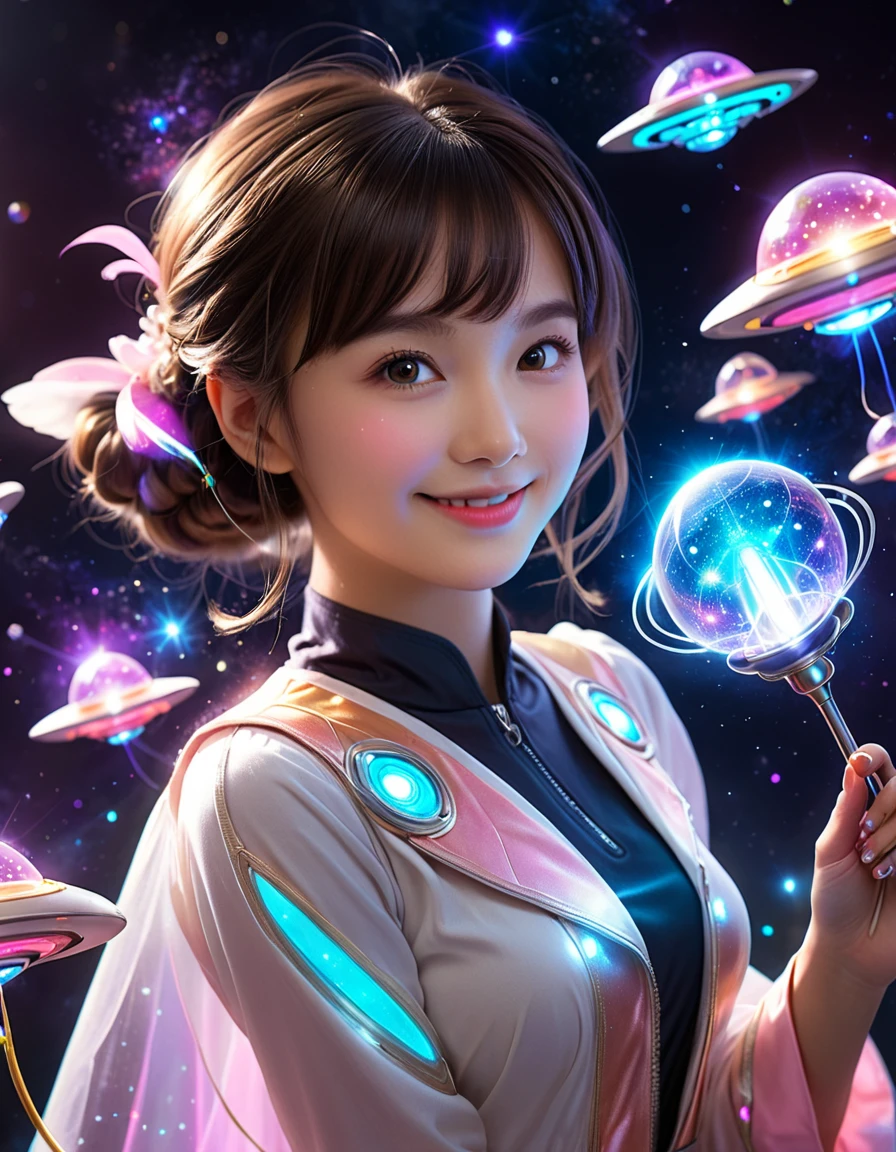 dynamic angle, (close up face), smile, UFO Magical Girl paints a futuristic world where science and magic intertwine. The girl, dressed in a spacesuit-style dress, holds a glowing magic wand. Around her, colorful UFOs fly around, each one moving with her magic and occasionally emitting particles of light.