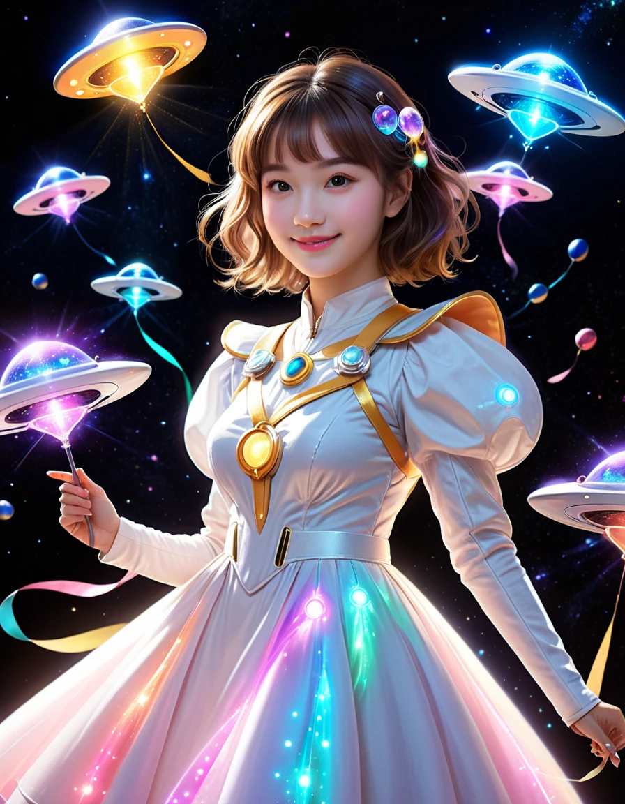 dynamic angle, (close up face), smile, UFO Magical Girl paints a futuristic world where science and magic intertwine. The girl, dressed in a spacesuit-style dress, holds a glowing magic wand. Around her, colorful UFOs fly around, each one moving with her magic and occasionally emitting particles of light.