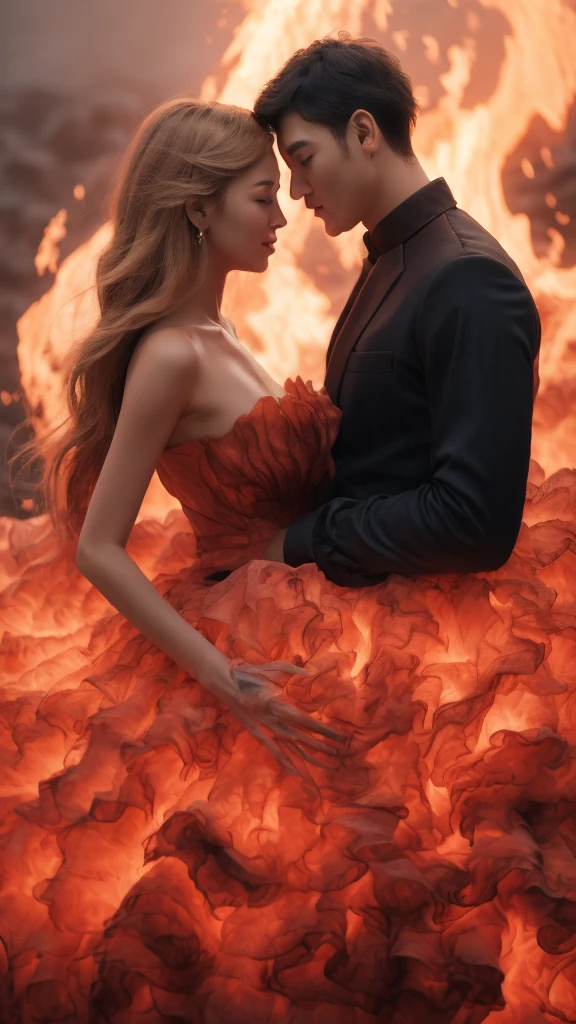 masterpiece,Highest quality,Rich in details,high resolution,flame/fiery的焰/flame,Dynamic Scene Scale 1.3,Romantic couple kissing in the fire,Firestorm,on fire,Bizarre fantasy image,Excellent skin texture,Magic Circle,Casting a Spell,strange,紫色strength,strength,fiery,meteor。