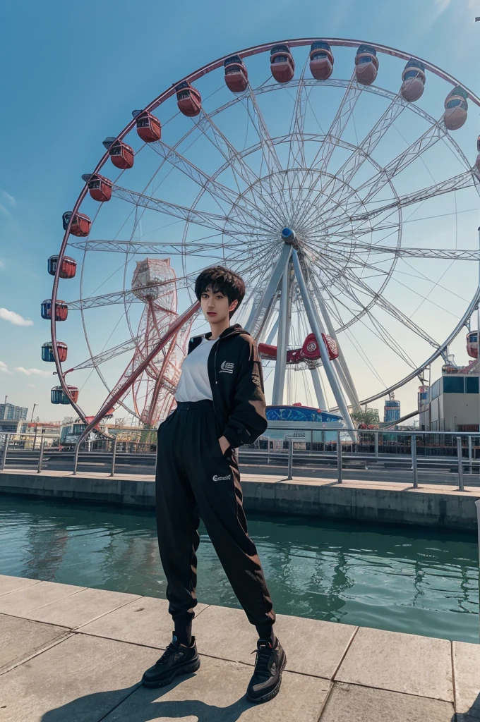 arafed woman standing on a ledge with a ferris wheel in the background, huge gigantic breasts, hyung tae, jinyoung shin, album art, cai xukun, profile picture 1024px, kim doyoung, hong june hyung, yanjun chengt, bladee from drain gang, male ulzzang, xintong chen, taken with canon eos 5 d mark iv