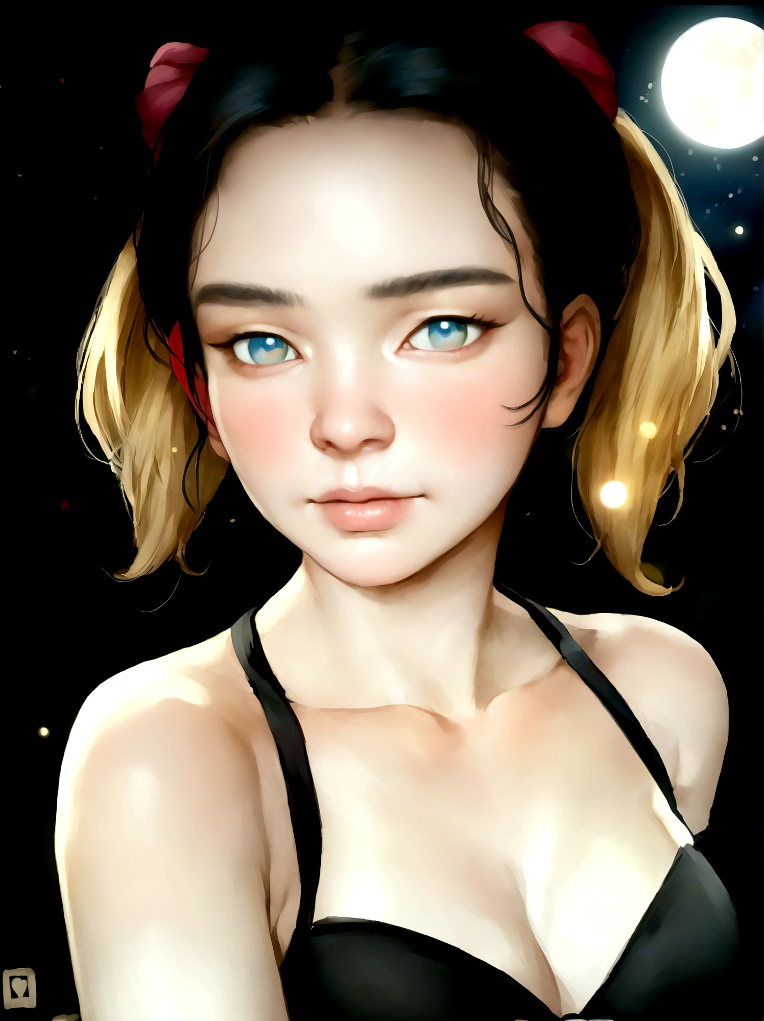 sailor moon, realistic, 1 girl, (magical girl:1.4), long yellow hair in pony tails, (blue opal eyes), (crystals, shimmer bokeh), sailor scout uniform, wide hips, small waist, tan skin, collarbone, parted lips, makeup, blush, shiny skin, night, reflection, full moon, moonlight, rose