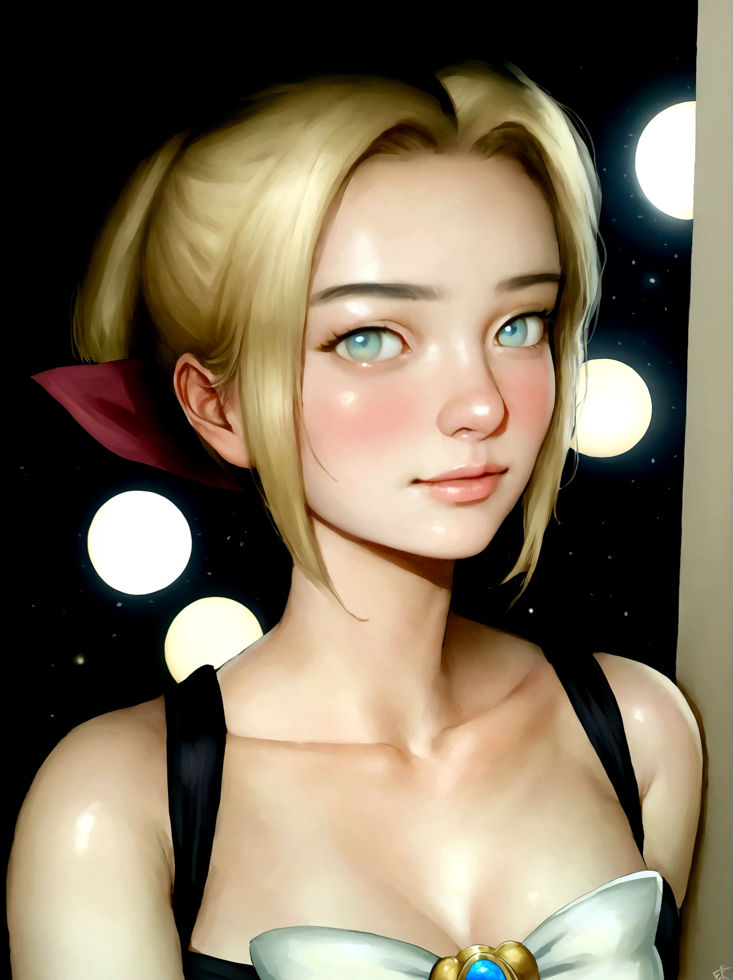 sailor moon, realistic, 1 girl, (magical girl:1.4), long yellow hair in pony tails, (blue opal eyes), (crystals, shimmer bokeh), sailor scout uniform, wide hips, small waist, tan skin, collarbone, parted lips, makeup, blush, shiny skin, night, reflection, full moon, moonlight, rose