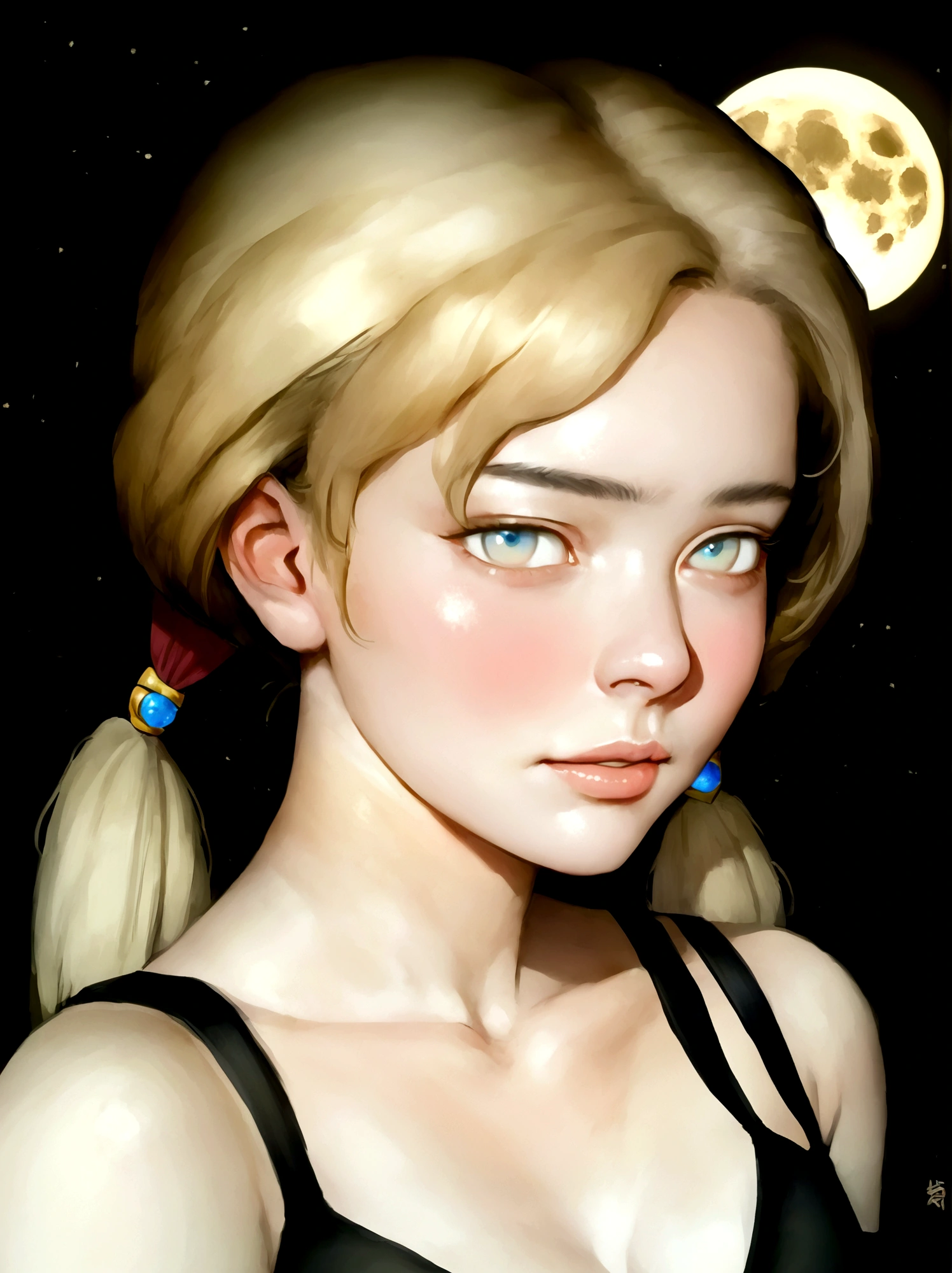 sailor moon, realistic, 1 girl, (magical girl:1.4), long yellow hair in pony tails, (blue opal eyes), (crystals, shimmer bokeh), sailor scout uniform, wide hips, small waist, tan skin, collarbone, parted lips, makeup, blush, shiny skin, night, reflection, full moon, moonlight, rose