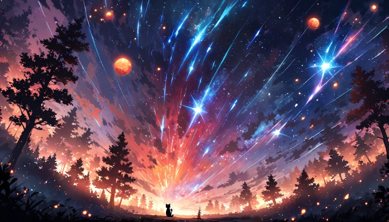 Animated paintings inspired by Makoto Shinkai, space art, (sideways (black cat) sitting from the forest looking at the sky), mysterious, fantastic, meteor shower, intricate light, twinkling trees, ((unmanned)),