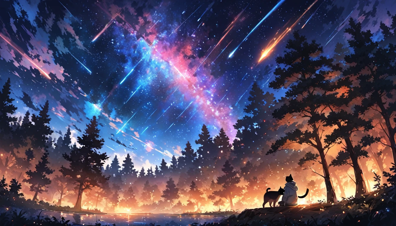 Animated paintings inspired by Makoto Shinkai, space art, (sideways (black cat) sitting from the forest looking at the sky), mysterious, fantastic, meteor shower, intricate light, twinkling trees, ((unmanned)),