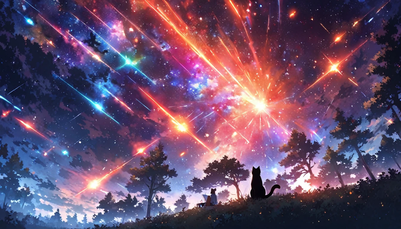 Animated paintings inspired by Makoto Shinkai, space art, (sideways (black cat) sitting from the forest looking at the sky), mysterious, fantastic, meteor shower, intricate light, twinkling trees, ((unmanned)),