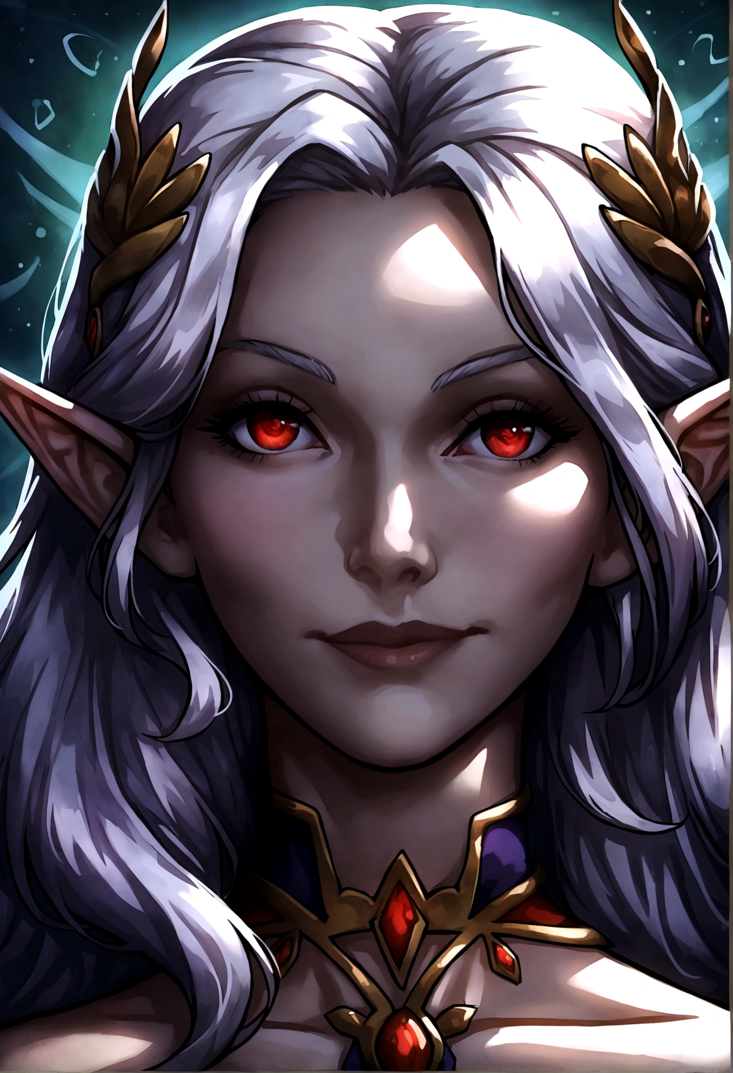 (SFW) elf, dark skin, white hair, mage, portrait, (good composition:1.5), (lighting composition:1.5), (volume emphasis:1.5), close-up, detailed face, expressive red eyes, intricate facial features, magical fashion, bright white hair, color theory, semi realistic, glowing light effects, mystical aura, (best quality), (colorful), (detailed), dramatic lighting, unique perspective, soft smile, fantastical, looking at viewer, medium mouth, silver accessories, very aesthetic, (masterpiece:1.4), comic book angle and perspective, color value correction.