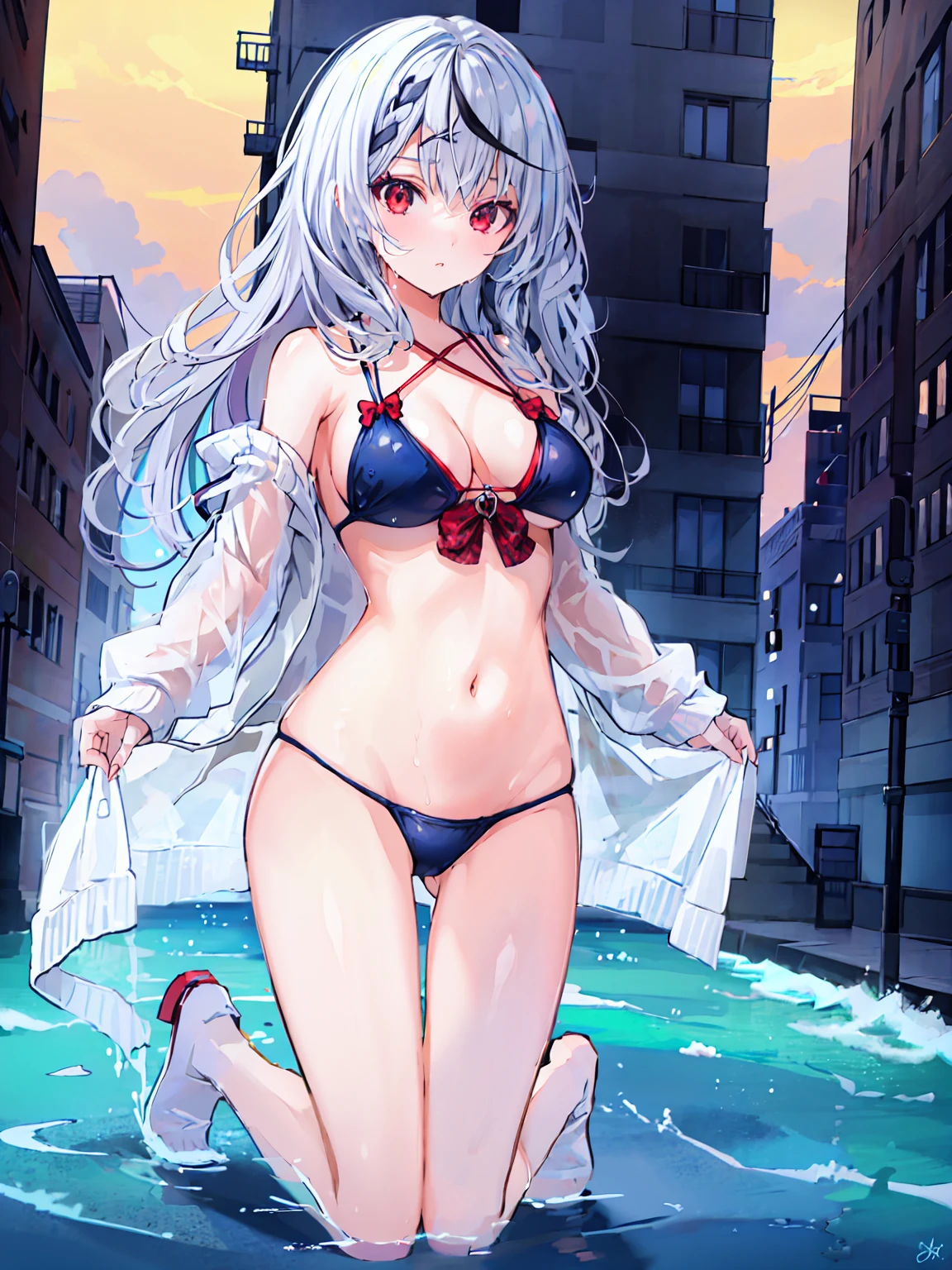 Masterpiece, top quality,1 girl, anime girl Wearing a wet bikini, silver hair, red eyes , City as background , super detail, 4k wallpaper , detail eyes, full body