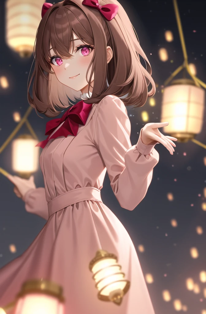 (extremely delicate and beautiful:1.2),1girl, bangs, pink eyes, blurry, blurry background, bow, brown hair, closed mouth, from side, hair between eyes, hair bow, lantern, light particles, long sleeves, looking at viewer, medium hair, night, red bow, solo, star \(symbol\), upper body,smile,red lips