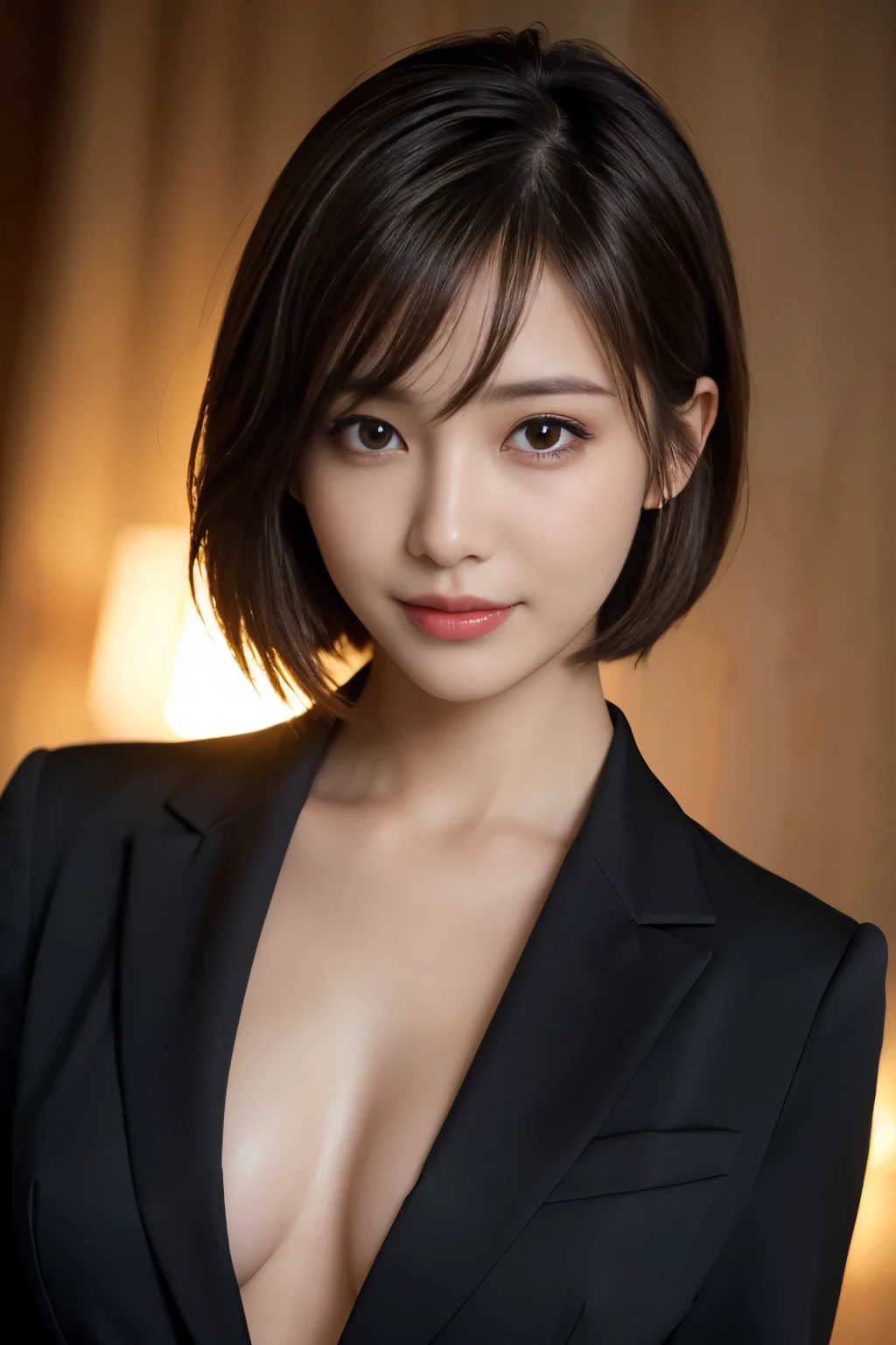 The best quality at its best, Realistically, Super detailed, More about pubic hair, High resolution, Plain background，8k wallpaper, One beautiful woman,,Light brown short hair, Wear a dark suit, Lock Focus, Perfect dynamic composition, Beautiful Eyes, Delicate hair, 细致Realistically的皮肤纹理, smile, Close-up portrait, Model Body Type