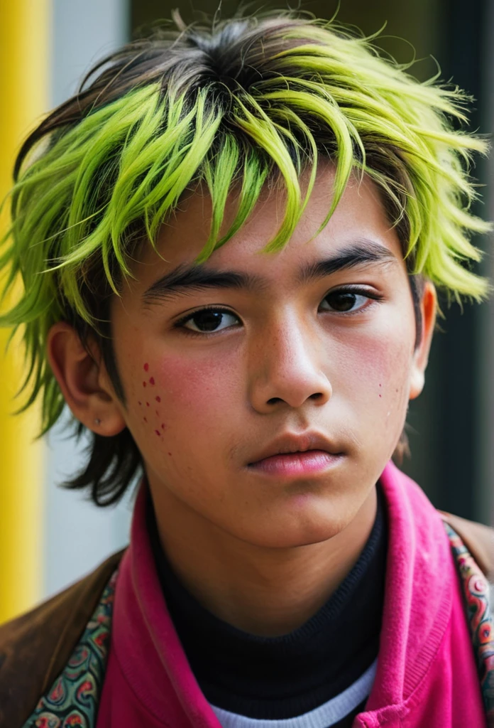 photograph, Psychotic Tangible thick Palestinian Boy, Ming Dynasty hairstyle, at College, Frightening, Bronzepunk, film grain, Canon eos 5d mark 4, Selective focus, DayGlo dust particles 