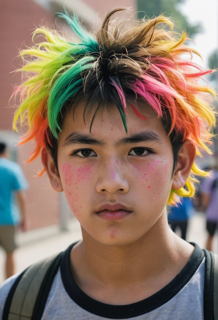 photograph, Psychotic Tangible thick Palestinian Boy, Ming Dynasty hairstyle, at College, Frightening, Bronzepunk, film grain, Canon eos 5d mark 4, Selective focus, DayGlo dust particles