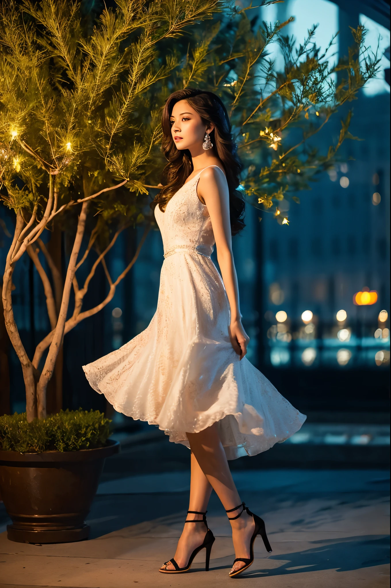 Full body high fashion, wavy long hair, floating hair by the wind, extreme artistic, intricate poses, Incredible photorealistic high resolution camera pics in the style of gardenia of a luxury scenic at gazebo full of flowers in rooftop with Jakarta city scape view in the night and beautiful exterior decoration, realistic eyes, facial profile view, Head to toe, Full body, used high heels, used earrings, relaxed, at night Cinematic, ethereal, a young Asian who looks like
An idol, strong but elegant, sophisticated modeling beautiful blue clothes in the style of wealthy appearance, glamour lights, backlight, soft light, dim light, hair light, epic lighting, natural colors, glamourous atmosphere, romantic vibes