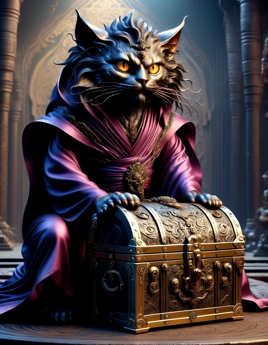 (An opened golden treasure chest with a huge cat demon monster),The hair of the monster that turned into smoke is dark black,Often draped over the shoulders,Gives a feeling of elegance yet dignity。He is very particular about his clothes.,Often wears a black robe,It is embroidered with mysterious patterns,fantasy,myth,