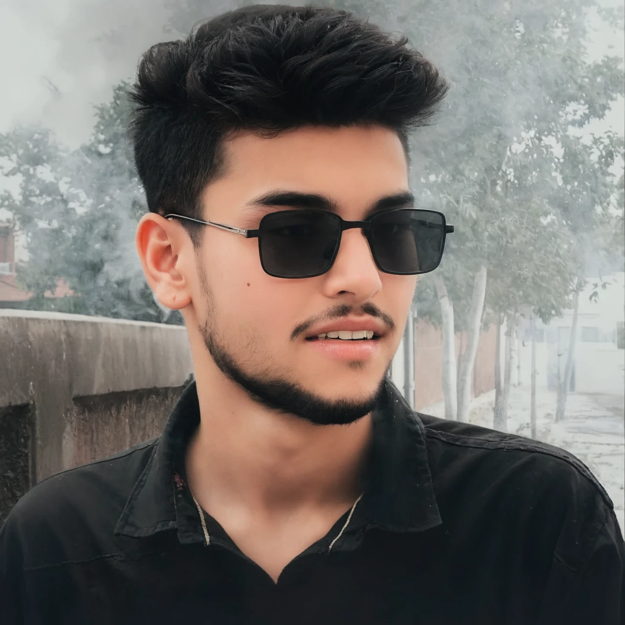 photograph, Psychotic Tangible thick Palestinian Boy, Ming Dynasty hairstyle, at College, Frightening, Bronzepunk, film grain, Canon eos 5d mark 4, Selective focus, DayGlo dust particles 