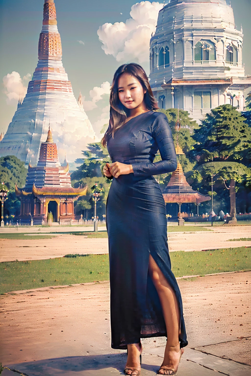 arafed asian woman in a satin dress standing in front of a crowd, (((full body view:2))), ((pretty lady MoonLay:1.2)), (pretty lady MoonLay), ((((pretty lady MoonLay's innocent cute face and cute small smile:1.3)))), (random other girls), ((wearing Myanmar traditional elegant and stylish affair:1.2)), ((white top and red bottom satin dress color:1.2)), blue stiletto high heel, south east asian with square face, traditional beauty, beautiful asian girl, anime thai girl, a young beautiful asian woman, (((photorealistic background))), ((in a park with Myanmar temple and pagoda at far background:1.5)), (((realistic sky and cloud:1.3))), (cinematic enhance HDR portrait lighting, perfect anatomy, cannon mark v, DSLR quality, (perfect anatomy).