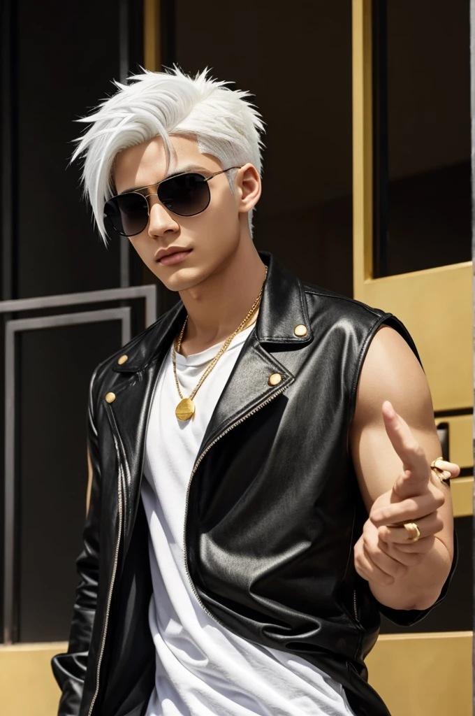 A boy with completely white hair, short and messy with light skin, gold rimmed sunglasses, set of black clothes in anime style