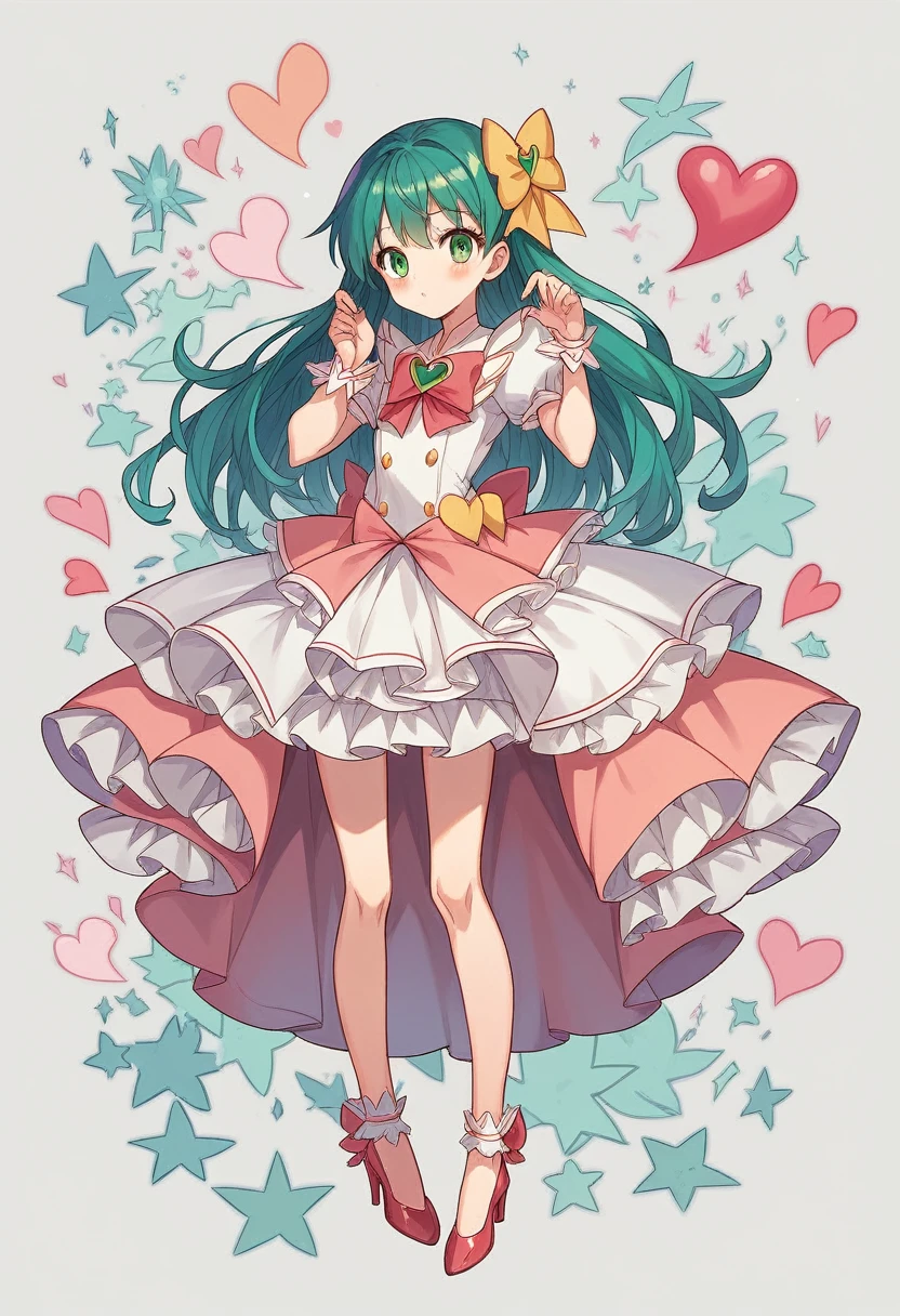 extremely detailed 8K CG, ultra-detailed:1.3, ultra delicate and detailed face:1.3, (absurdres, texture, masterpiece), pixiv contest winner, by Posuka Demizu, left view, full body, dynamic manga-style illustration of The world is full of pop, kitsch, and cuteness, with a yellow and blue-green color scheme, and an anime-style magical girl blowing a kiss to the left side with a cute expression.She wears a heart-patterned balloon skirt and a glass She's wearing stiletto heels.