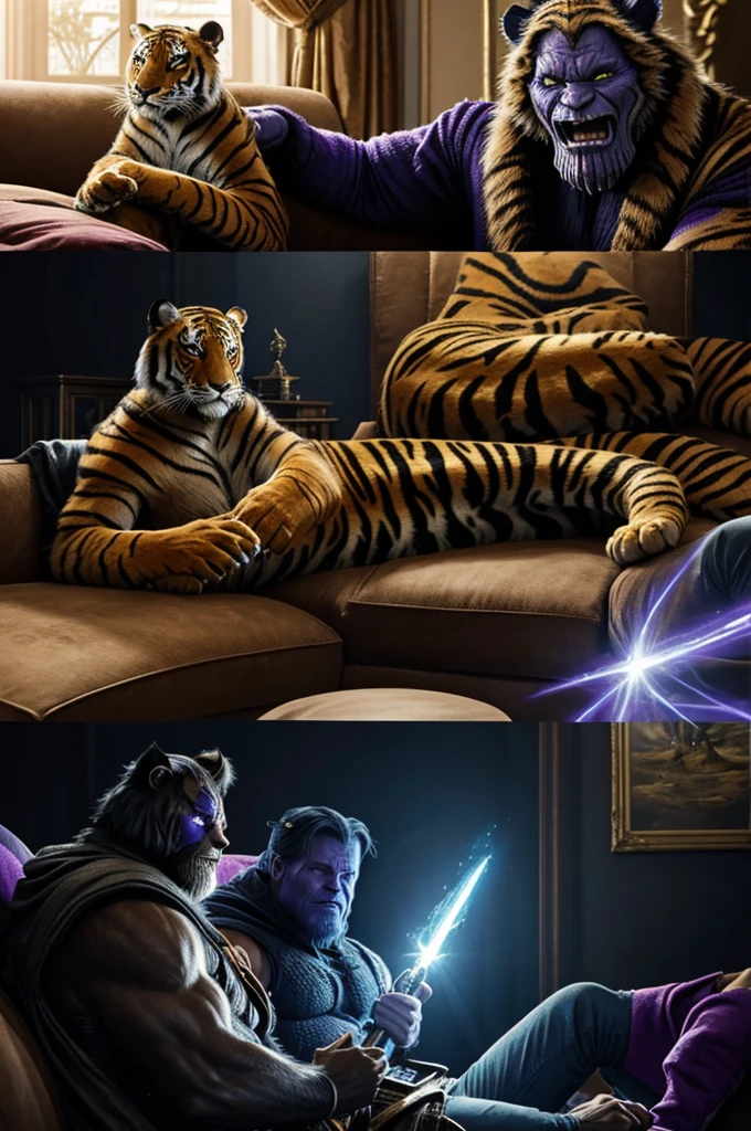 A powerful wizard is fighting a magical battle with Thanos on top of a long sofa and the two turned into a furry humanoid tiger and are showing their paws live action 