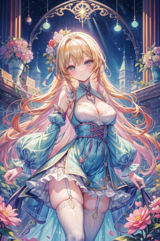 ((最high quality、8K、masterpiece:1.3)),high resolution、最high resolution、最high quality、high quality、Slender、Beautiful poopボディーライン、Beautiful poop大人の女性、huge 、Sexy Style、Accentuate your cleavage、Emphasize the chest、超detailedな、beautifully、aesthetic、Beautiful poop、masterpiece、Showing off cleavage)、garter belt、Beautiful poop女性は, (medium length yellow hair),、Cute smile, (Warm colors), Moist, Moist, Reflective plate, (Tabletop) 、(最high quality) (detailed) , (8K) (Studio Lighting) (Complex) , ((The flower arch is so fantastical and dreamy.)), Gorgeous, Fantastic fairy tale, A rich pastel color palette, Fantastic and dreamy theme, 夢のようなdetailed, Fairy tale setting:, (((A building with lots of flowers)))、Anime fantasy artwork, Anime fantasy illustration, Beautiful poopアートワークのイラスト, Beautiful poopアニメアートwork, Exquisite digital art, Complexな華やかなアニメCGIスタイル, Anime Art Nouveau Space Display, Beautiful poopアニメアート, Beautiful poopデジタル芸術作品, Beautiful poopファンタジーアニメ, detailed anime artwork, detailed Digital Anime Art, Dreamy psychedelic anime、Beautiful poop表現、Beautiful poop乳房、detailedな目、Clearly eye-catching, beautifullyて魅力的、Beautiful poop目、Tight waist、Beautiful poop白い肌、Red Crack、((Long hair decorated with flowers))、(Perfect female body:1.4)、(Sexy Underwear、garter belt、Enamel Bondage Costume)