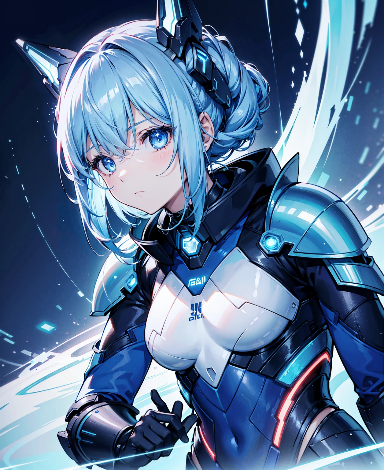 8K, Highest quality, (real:1.4), Original photo, 1 Girl, Asari Hair, Biological Amplifier, refined armor, posture: Peace talks between warring factions, smart blue eyes、Holographic Glow Effect