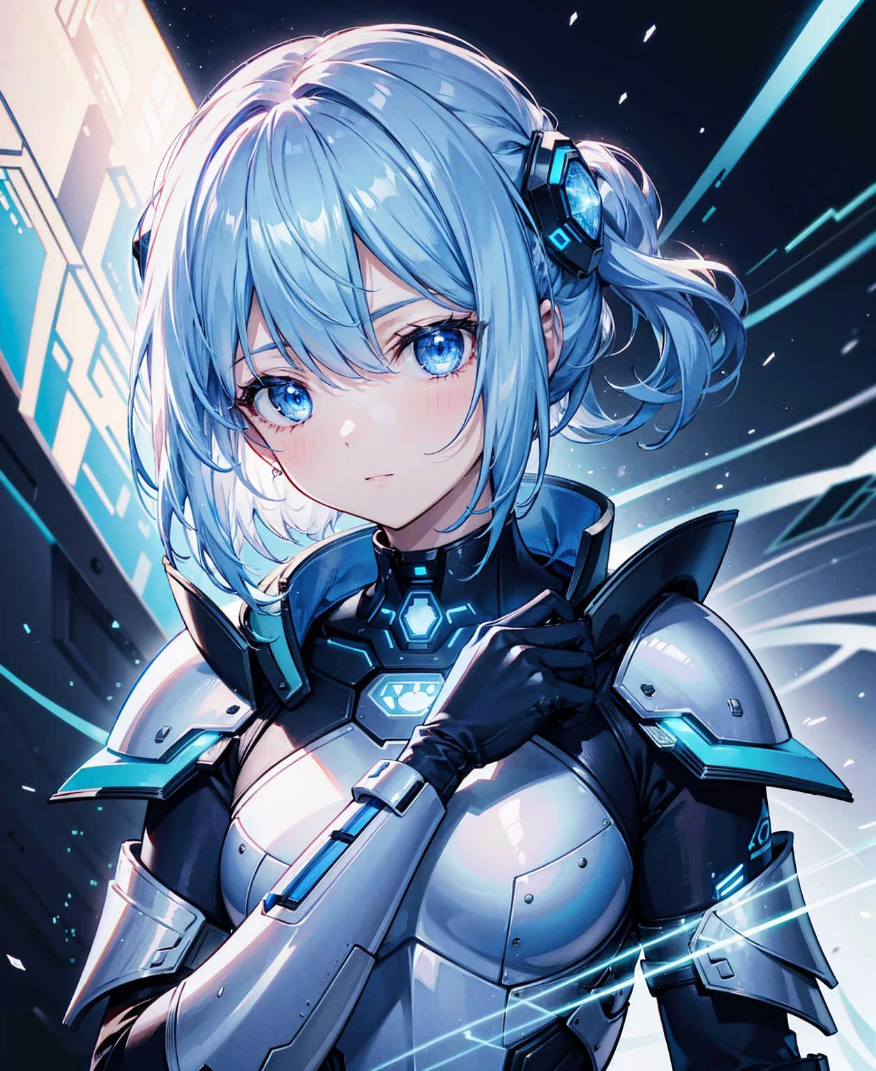 8K, Highest quality, (real:1.4), Original photo, 1 Girl, Asari Hair, Biological Amplifier, refined armor, posture: Peace talks between warring factions, smart blue eyes、Holographic Glow Effect
