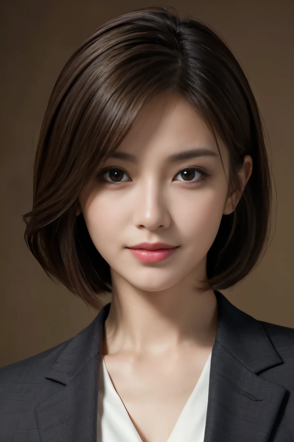 The best quality at its best, Realistically, Super detailed, More about pubic hair, High resolution, Plain background,8k wallpaper, One beautiful woman,,Light brown short hair, Wear a dark suit, Lock Focus, Perfect dynamic composition, Beautiful Eyes, Delicate hair, 细致Realistically的皮肤纹理, smile, Close-up portrait, Model Body Type